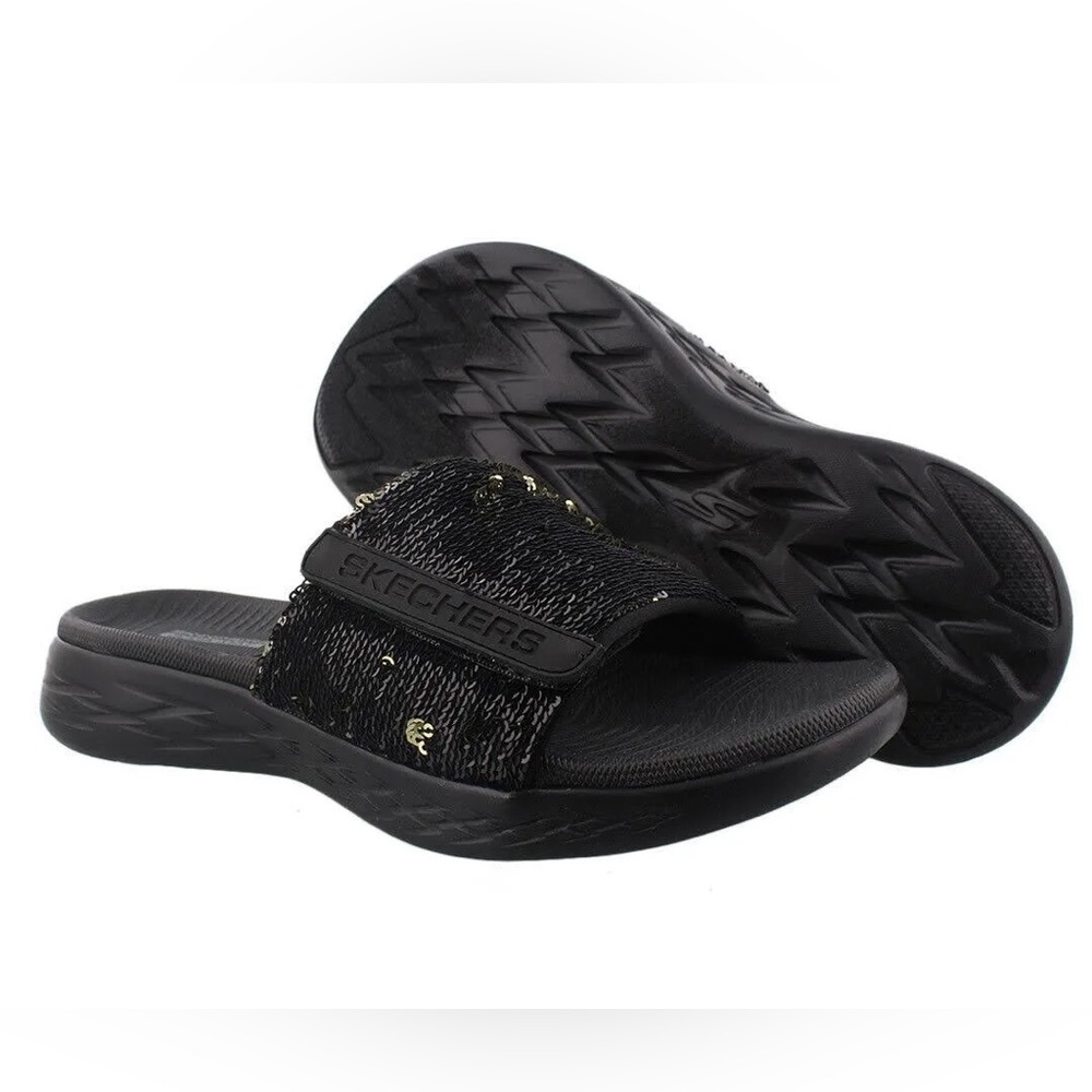 SKECHERS BLACK SEQUIN SLIDE SANDAL - Picture 4 of 9